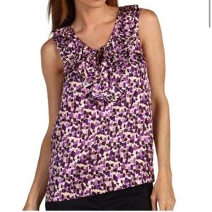 Kate Spade Ruffle Neckline 100% Silk Rock the Casbah print Purple Top Sz 4